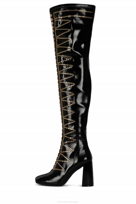 mujer ciena-st Jeffrey Campbell F6JX780 botas hasta la rodilla charol arrugado negro dorado