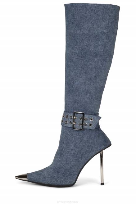 mujer escena retrospectiva Jeffrey Campbell F6JX703 botas hasta la rodilla mezclilla azul plata