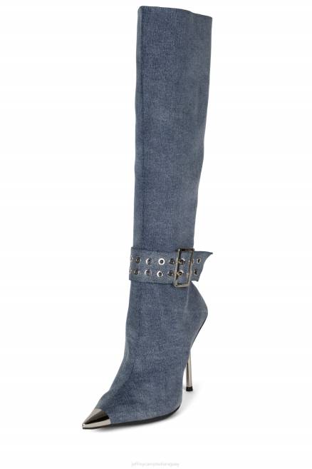 mujer escena retrospectiva Jeffrey Campbell F6JX703 botas hasta la rodilla mezclilla azul plata