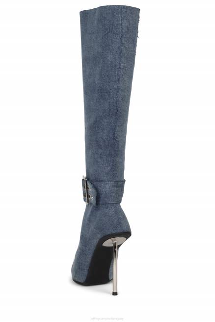 mujer escena retrospectiva Jeffrey Campbell F6JX703 botas hasta la rodilla mezclilla azul plata