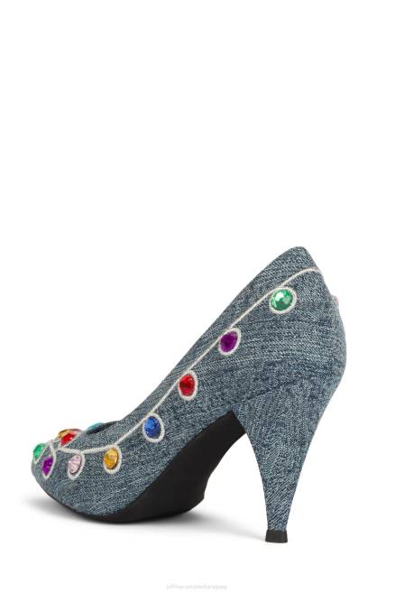 mujer mcfly Jeffrey Campbell F6JX1376 bomba de tacón joyas brillantes de mezclilla azul