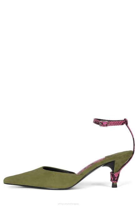 mujer operatorio Jeffrey Campbell F6JX1699 mula de tacón serpiente rosa ante verde