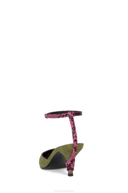 mujer operatorio Jeffrey Campbell F6JX1699 mula de tacón serpiente rosa ante verde